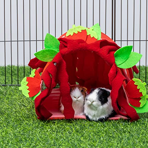 Guinea Pig Hideout, Soft Fleece Strawberry Pet Bed & Tunnel House - color: Pink