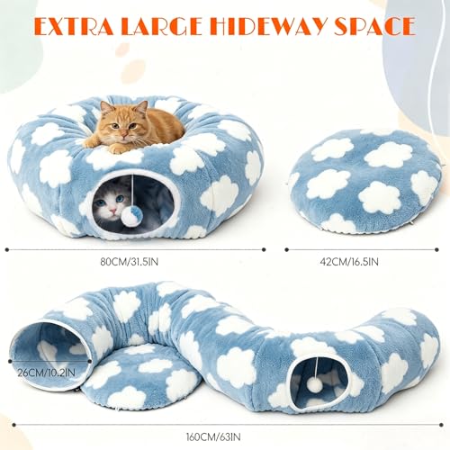 Cat Tunnel Bed with Toys – Large Collapsible Play Tube (Blue) - color: Cozy Clouds Blue