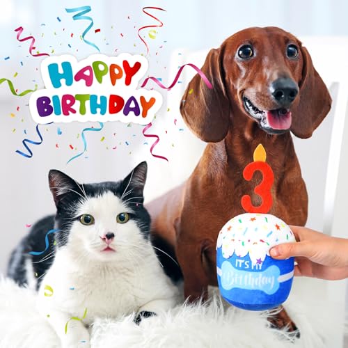 Dansydaisy Dog Birthday Cake Toy Squeaky Plush Gift,3rd,Blue - color: Blue, style: 3rd