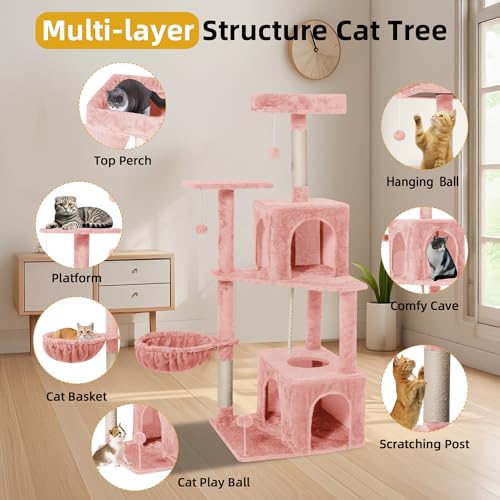 Cat Tree 54-Inch Cat Tower with Padded Plush Perch 2 Comfy Caves, Scratching Posts, Basket, 2 Pompoms, Multi-Level Plush Cat Condo for Indoor Cats Kittens, Pink - color: Pink