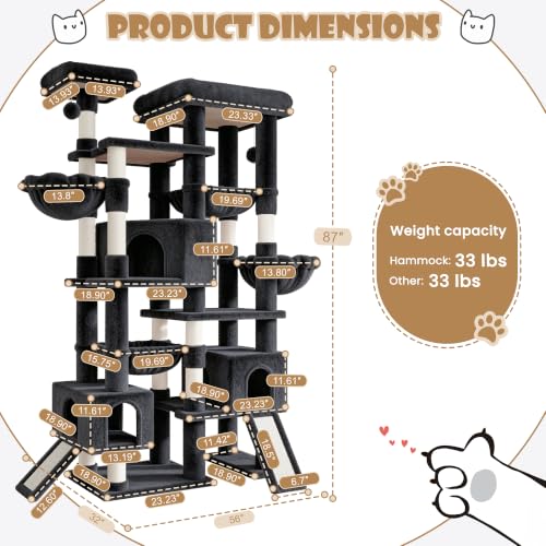 SHA CERLIN 87 in Multi-Level Tall Cat Tree Tower for Large Cats/Extra Wide Feline Activity Center/Sisal Scratching Posts/Wide Base/Cozy Plush Perches/Baskets/Hammocks/Toy Balls/Dark Grey - color: Dark Grey