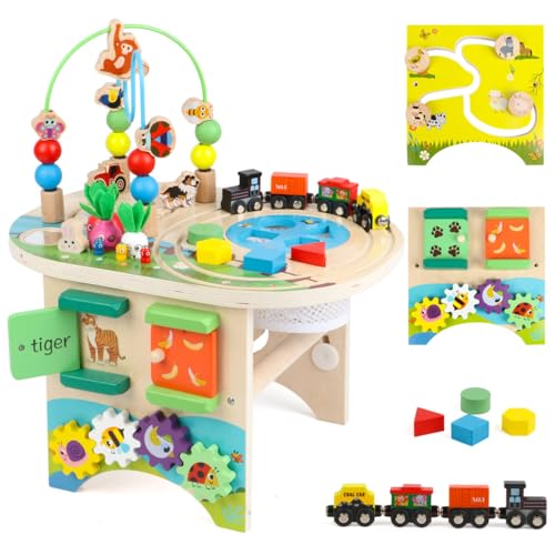 Activity Table for 1 Year Old Montessori Educational Learning Toys for 1 2 Year Old Girls Boys Toddlers Baby 12-18 Months 1st First Birthday Gifts 10 in 1 Wooden Bead Maze Sensory Center Toys