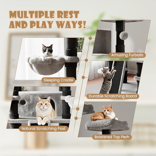SHA CERLIN 68 Inches Multi-Level Large Cat Tree for Large Kitties/Big Cat Tower with Condo/Cozy Plush ‌Pussycat Perches/Sisal Scratching Posts and Hammocks/Activity Center/Black & Grey - color: Black & Grey, size: 68in