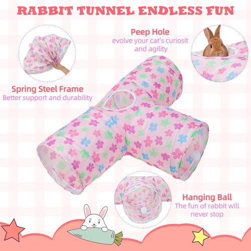BWOGUE Bunny Tunnels & Tubes, 3-Way Collapsible Rabbit Hideout for Bunnies - color: Pinkflower
