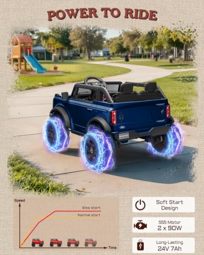 First Ride On 24V 2 Seater Ride on Toys for Big Kids, Licensed Ford Bronco Base Electric Car with Remote Control, Ride on Truck w/Seat Belts, 3 Speeds, Spring Suspension and Bluetooth (Blue) - color: Blue