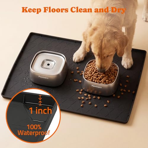 Pawtners Pet Feeding Mat with Raised Edge, 34 x 22 in Dog Food Mat, Black - color: Black