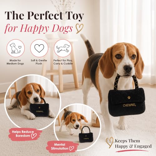 Dog Diggin Designs Chewnel Classique Plush Dog Toy Purse | Luxury-Inspired Parody Designer Handbag with Squeaker, Soft Plush Fashion Dog Toy – Haute Couture Purses & Handbags - color: Black Koko Classique Purse, size: One Size