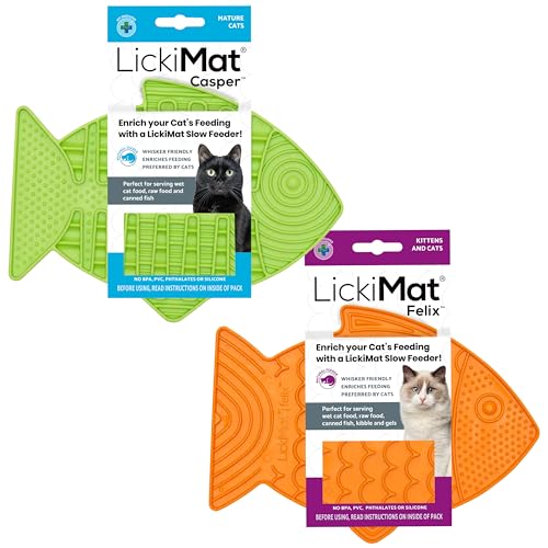 Lickimat Casper & Felix, Fish-Shaped Cat Slow Feeders Lick Mat, Boredom Anxiety Reducer; Perfect for Food, Treats and Anxiety Reduction. (Green & Orange) - color: Green & Orange