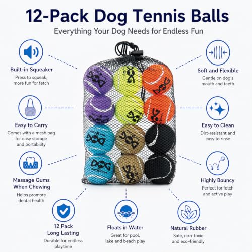 INSUM Tennis Balls for Dogs, 12 Pack Colorful Dog Toys Balls - size: Small