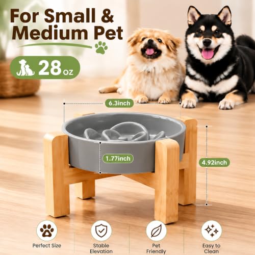 Petygooing Elevated Slow Feeder Ceramic Dog Bowls 8.26in, Slow Feeder Elevated Bowl for Small&Medium, Ceramic Slow Feeder Heavy Weighted Non-Toxic Non-Slip Puzzle Maze (Gray, 8.26in) - color: Gray, size: 8.26in