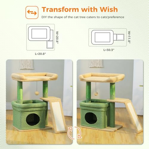 PEQULTI Small Cat Tree Tower for Indoor Cats with Large Perch, Green - color: Green, size: L Plus(19.3"L x 12.2"W)