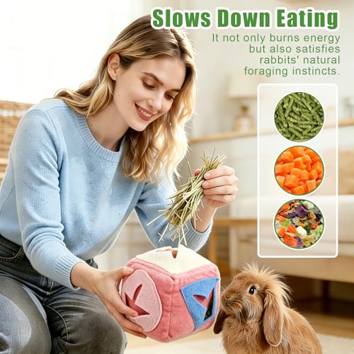 Rabbit Foraging Toy with Bell,Puzzle Feed Game Guinea Pig Fun Enrichment Toys Boredom Relief,Washable Snuffle Interactive Treat Ball Dispenser Exercise Bunny Toys for Indoor Bunnies(Pink) - color: Pink