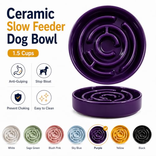 Ceramic Slow Feeder Dog Bowl, 1.5 Cup Puzzle Dish for Small Medium Dogs - color: Ceramic-Purple