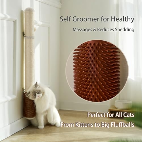 Wall Mounted Cat Scratcher, 34” Extra-Tall Vertical Sisal Scratching Post for Large Cats, Space-Saving Wall Cat Scratcher with Self Grooming Brush & Hanging Ball, Beige