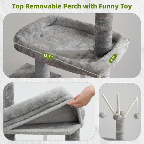 Gitelsnour Cat Tree Tower for Indoor Cats, Top Platform with Toy, GCT006SW - color: Light gray, size: 47.24 inches