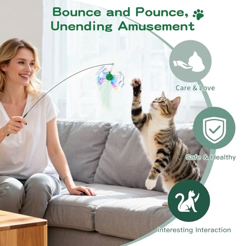 Pawaboo Cat Feather Wand Interactive Toy, 2 Feathers + 1 Wand with Bell - color: Green Butterfly
