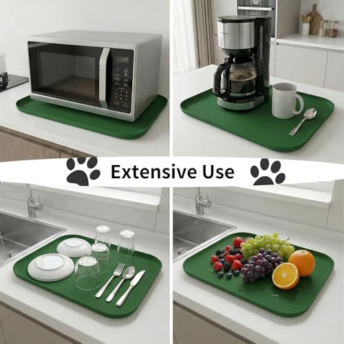 BLESWIN Waterproof Silicone Pet Feeding Mat Green with Raised Edge,24" x 16"Non-Skid Spill Proof Dog Bowl Mats, Easy Clean Cat Bowls Placemat for Cats and Dogs - color: Dark Green, size: 60 x 40 cm
