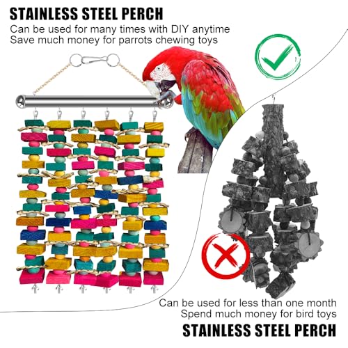 Large Bird Toys for Macaws, Stainless Steel Multicolored Wooden Blocks Bird Chewing Toy Parrot Cage Bite Toy for Macaws Cokatoos African Grey and Large Medium Parrot Birds - color: COLORFUL AND SILVER