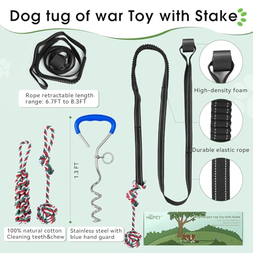 HOPET Dog Outdoor Bungee Hanging Toy, Tether Tug of War Toys for Medium to Large Dog to Exercise, Durable Interactive Tug Toy, Dog Rope Toys