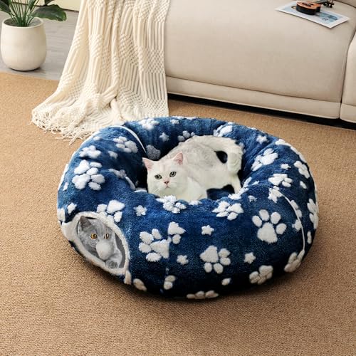 Cute Round Cat Tunnel for Indoor Cats, Blue Paw - color: Blue Paw, size: Round