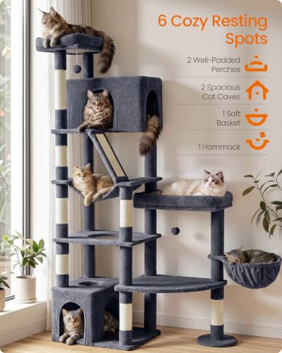 Feandrea Large Cat Tree, 74.1" Tall Sturdy Cat Tower for Indoor, Dark Gray - color: Dark Gray, size: 41.3"L x 17.7"W x 74.1"H