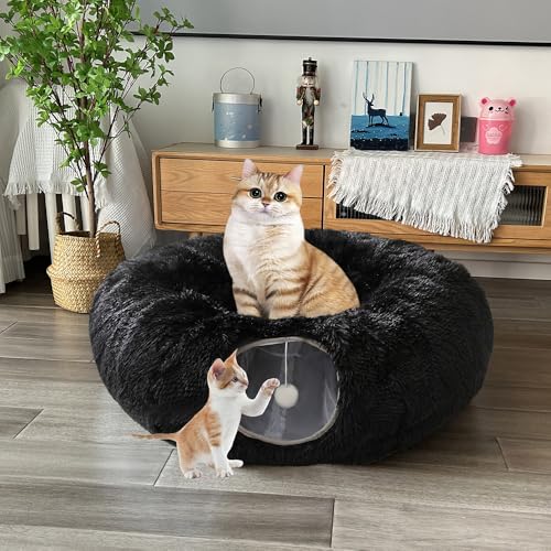 Cat Bed Tunnel Tube Toy Black Plush - color: Black Plush