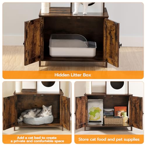 HOOBRO Cat Tree with Litter Box Enclosure for Indoor, Wooden Cat Condo with Scratching Posts, Hidden Litter Box Furniture, All-in-One Cat House, Rustic Brown FG15MZ03 - color: Rustic Brown