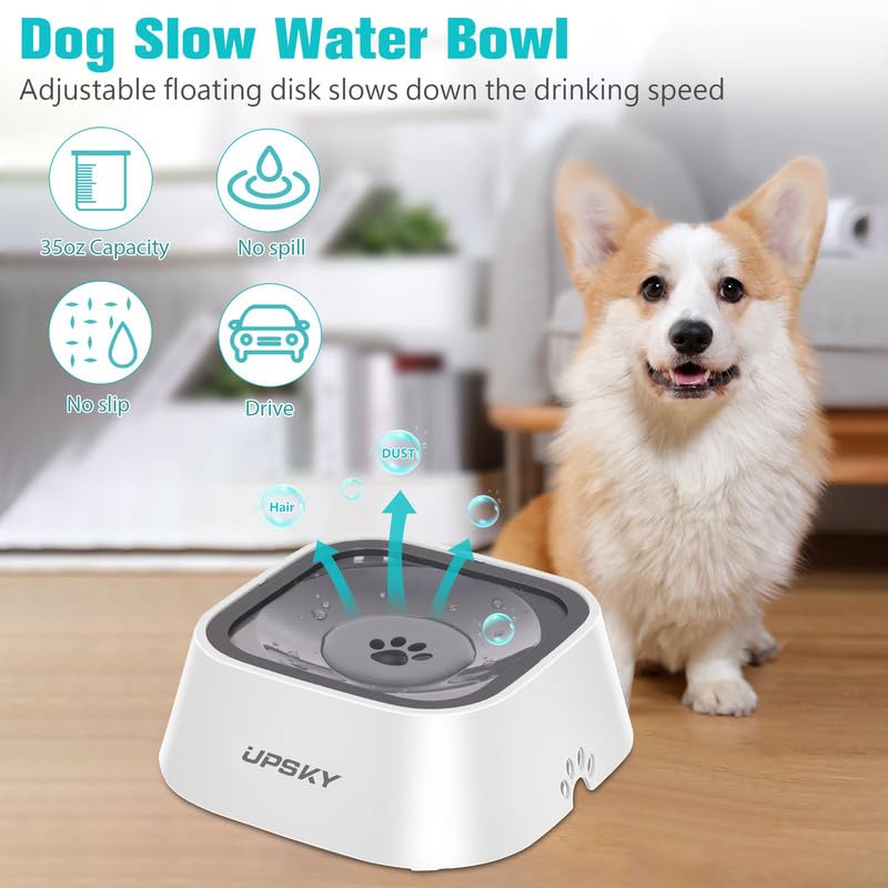 UPSKY 35oz No-Spill Pet Water Bowl, Slow Water Feeder for Dogs and Cats - color: Grey