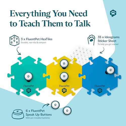 FluentPet Speak Up! Get Started Kit with Clearer Upward-Facing Sound | 6 Recordable Buttons w/Pre-Installed Batteries & 3 HexTile Button Mats | Training Dog & Cat Communication Buttons - color: 6 Buttons + 3 HexTiles (Bold)