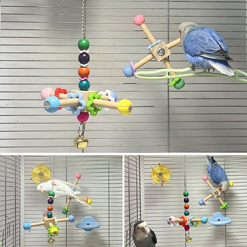 2Pcs Bird Foraging Toys Puzzle, Bird Slow Feeder Mats, Interactive Parrot Foraging Toys & 2pcs Bird Spinner Toys for Parrots with Bells, Natural Wood Parakeet Toys Noise for Cage