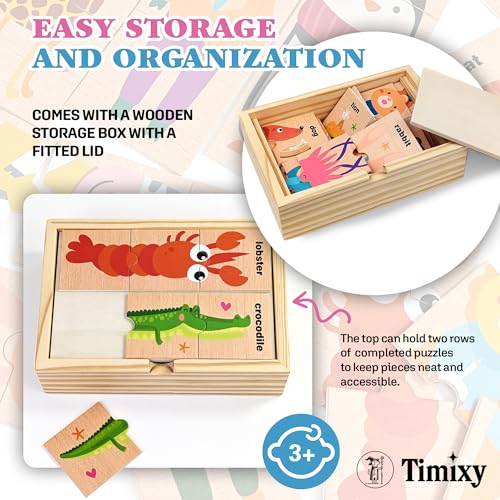 Montessori Wooden Animal Puzzle Toy Ages 3+, 48pc Matching Game with Box