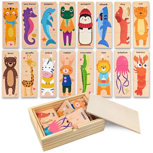 Montessori Wooden Animal Puzzle Toy Ages 3+, 48pc Matching Game with Box