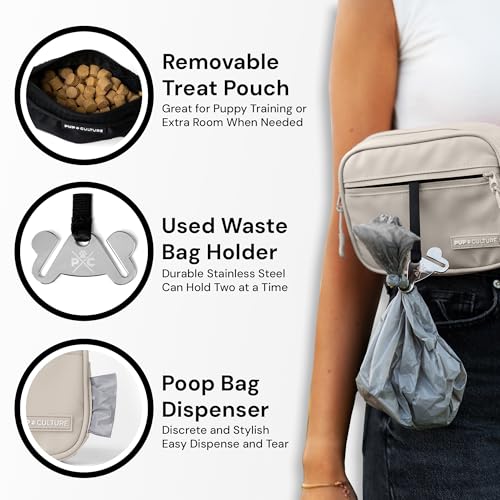 Pup Culture Dog Treat Pouch with Poop Bag Dispenser and Removable Treat Pouch | Cross Body Dog Walking Bag | The Perfect Puppy Training Tool and Even Better Gift - color: Cream