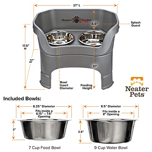 Neater Feeder Deluxe Mess-Proof Elevated Dog Bowls for Large Dogs (40+ lbs), 2 Height Adjustable (14.5” & 17.5”) No-Spill Raised Dog Bowl Stand, Stainless Steel Food Bowl Set, Made in USA, Gunmetal - color: Gunmetal, size: Large + Standard Bowl