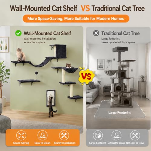 Cat Wall Shelves, Space-Saving Wall-Mounted Cat Climbing Set for Large Cats - color: dark grey