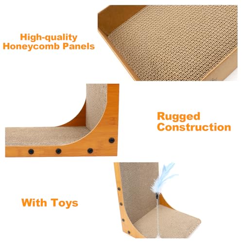 Goosheep 22in L-Shaped Cat Scratcher 2-in1 Scratching Board for Indoor Cats Protecting Furniture Cardboard Box Scratch Pad, Scratching Posts with Feathered Toy - color: 1pk 22in L-Shape Cat Scratcher with Box