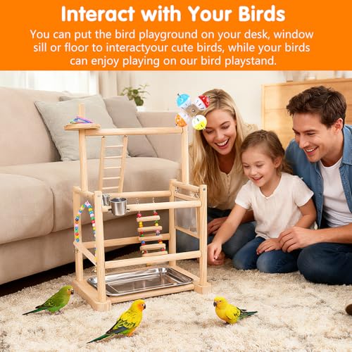 Bird Playground, 3 Tier Bird Perch Stand Parrot Playground Bird Tree with Parakeet Toys, Bird Ladder & Swing, Feeder Cups, Parakeet Mirror, and Removable Tray for Small to Medium Birds - size: 3 Tier