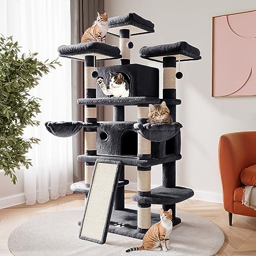 SHA CERLIN 68 Inches Multi-Level Large Cat Tree for Large Kitties/Big Cat Tower with Condo/Cozy Plush ‌Pussycat Perches/Sisal Scratching Posts and Hammocks/Activity Center/Dark Grey - color: Dark Grey, size: 68in