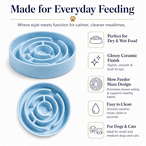 Ceramic Slow Feeder Dog Bowl 1.5 Cup Puzzle Dish for Small Medium Dogs - color: Ceramic-Blue