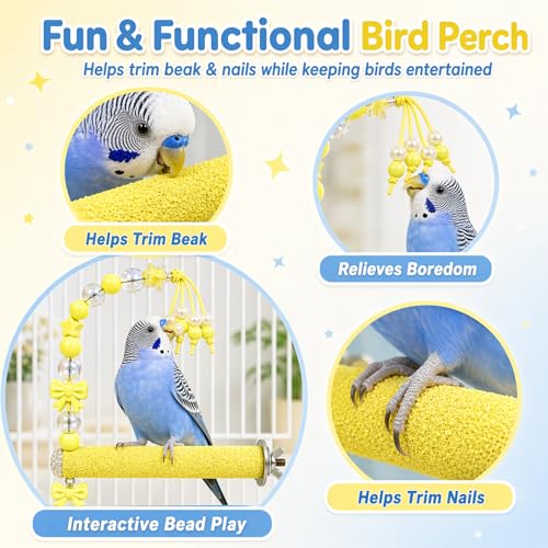 Bird Parrot Perch with Beads and Bow Chew Toy,Cage Platform Toy and Exercise Accessories for Budgies Parakeets Cockatiels Conures and Lovebirds (Yellow) - color: yellow