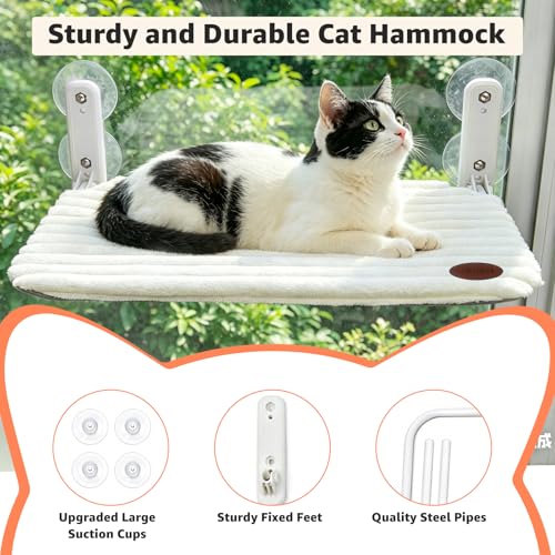 Woochpet Cat Window Perch Bed,Foldable Kitty Windowsill Hammock Shelf Seat,Kitten Window Sill Lounger with Soft Rabbit Fur Cover Cushion Machine Washable,Solid Metal Frame and Strong Suction Cups - color: White-Small