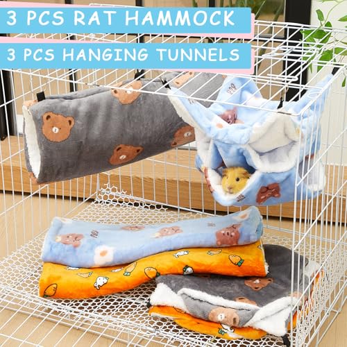 Sweetude 6 Pcs Rat Hammock Set Ferret Hanging Tunnel 3 Tier Guinea Pig Hammocks Hideout Soft Chinchilla Bed for Cage Accessories Hide,Play and Sleep (Sun,Bear) - color: Sun