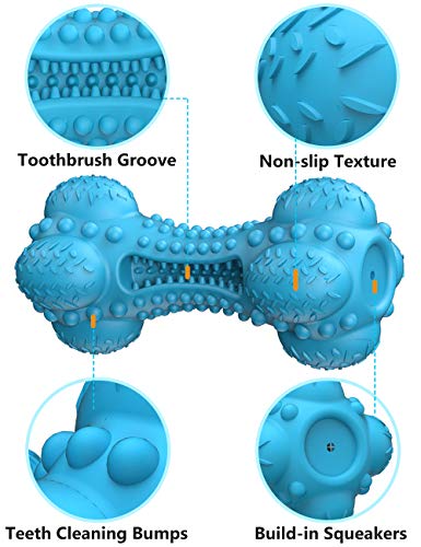SCHITEC Squeaky Dog Chew Toy, Tough Durable Natural Rubber Bone with Toothbrush, Indestructible for Aggressive Chewers Large Medium Breed Teeth Cleaning - color: Blue