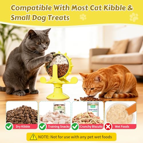 Cat Food Treat Dispenser Toy Interactive with 360°Rotating Windmill Suction Cup for Indoor Cats, Kittens & Small Dogs Slow Feeder Snack Exercise & Distribution Wheel Toy - color: Yellow- Pinwheel, size: Pinwheel