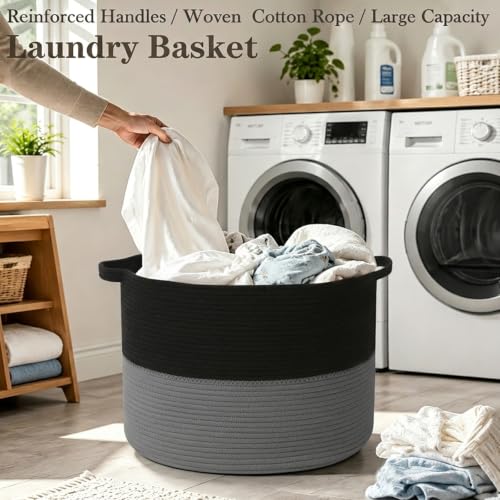 115L Large Blanket Basket,Woven Rope Laundry Basket-Black&Dark Grey - color: Black&Dark Grey, size: 23.6"L x 23.6"W x 15.7"H(115L)