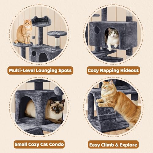 Yaheetech 62in Cat Tree with 2 Condos Sisal Scratching Post Sturdy Tower - color: Dark Gray, size: 62in
