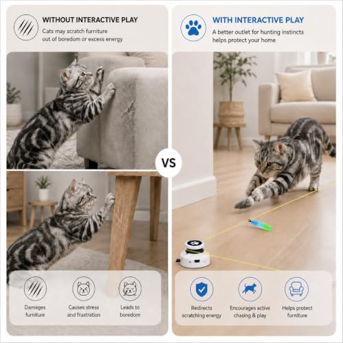Automatic Cat Toy for Indoor Cats, Interactive Cat Chasing Toy with Moving Feather Lure, DIY Floor Route Kit, Rechargeable Self-Play Cat Exercise Toy - color: White-Non-remote