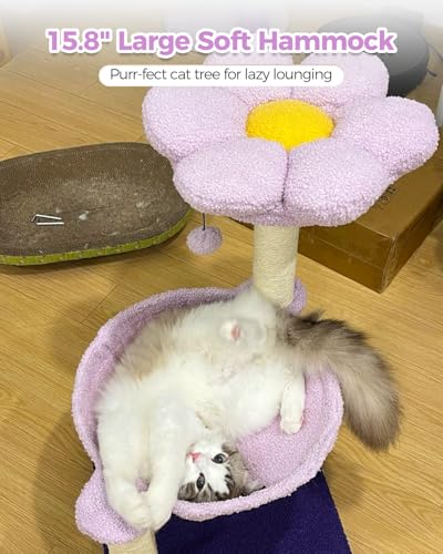 MUTTROS Flower Cat Scratching Post, 28" Cute Cat Tree Tower for Indoor Cats with Large Hammock Soft Perch Bed, Replaceable Toy Ball for Kittens, Purple - color: Purple