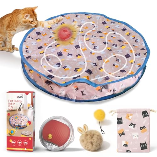 Brylex Interactive Cat Toys, Motion-Activated Rolling Ball with Play Mat, Automatic Hide-and-Seek Game, Fast & Slow Modes, USB Rechargeable Cat Enrichment Toy, 28" Play Mat - color: Peach