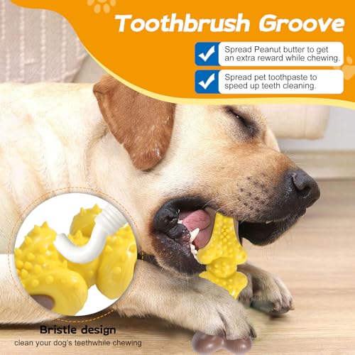 Durable Dog Chew Toys for Large Dogs - Tough Bone-Shaped Dental Chew with TPR Rubber & Wood Fiber, Teething & Aggressive Chewer Toys for Medium/Large Breed, Long-Lasting Teeth Cleaning & Stimulation - color: Yellow
